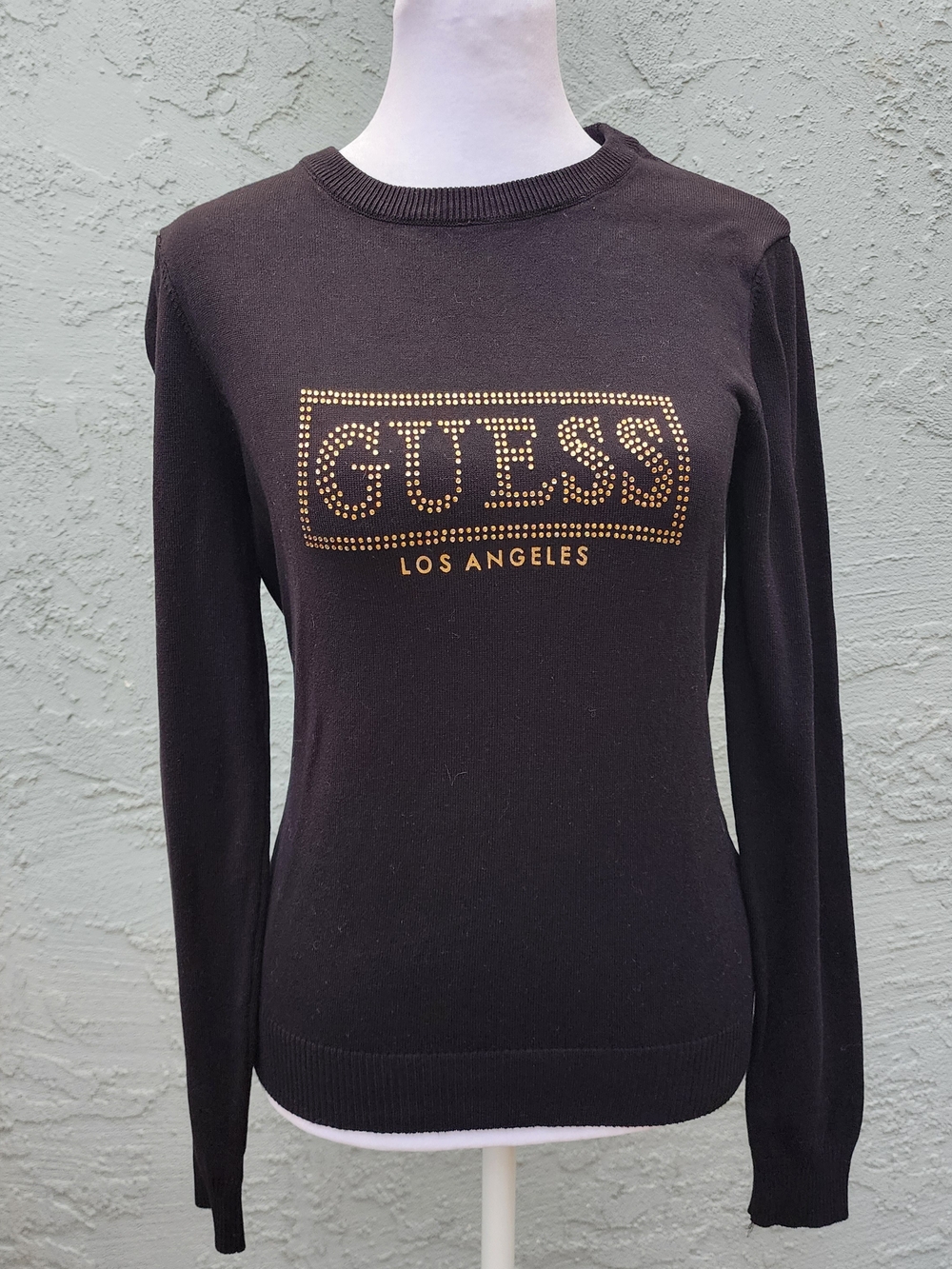 GUESS Los Angeles Black Gold Rhinestone Studded Logo Knit Sweater [M]